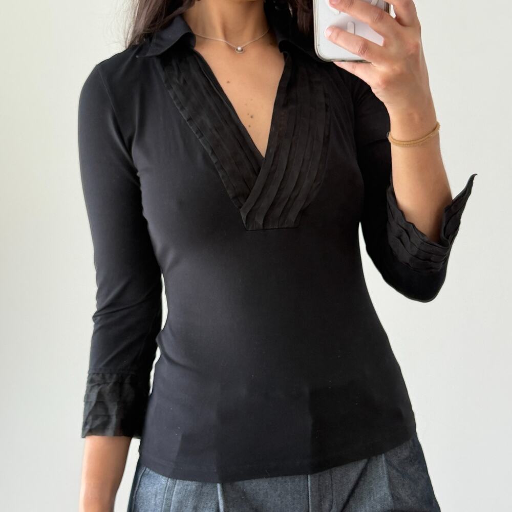 Anne Fontaine Blouse Womens 6 US Black Pima Cotton Collared Flare Sleeve EU38